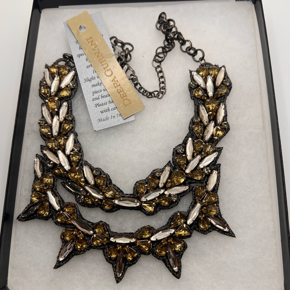 Artisan Necklace signed Deepa Gurnani handmade brown topaz color glass stone NWT